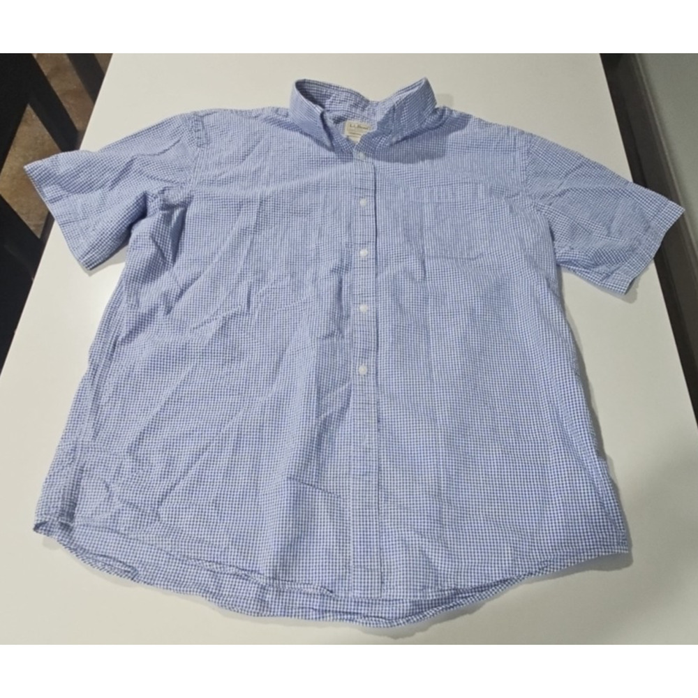 LL Bean Seersucker Shirt Men XL Traditional Fit Check Short Sleeve Button Up